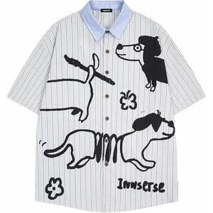 NEW Vamtac Men Weiner Dog Button Down Shirt L Striped Dachshund Graphic Y2K